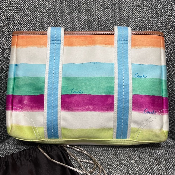 Vintage 2000 Coach bag purse spring color strip cloth w dust bag - Picture 7 of 12